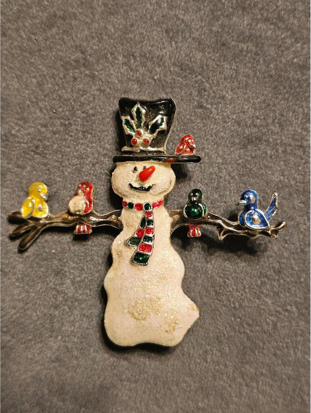Snowman And Bird Brooch